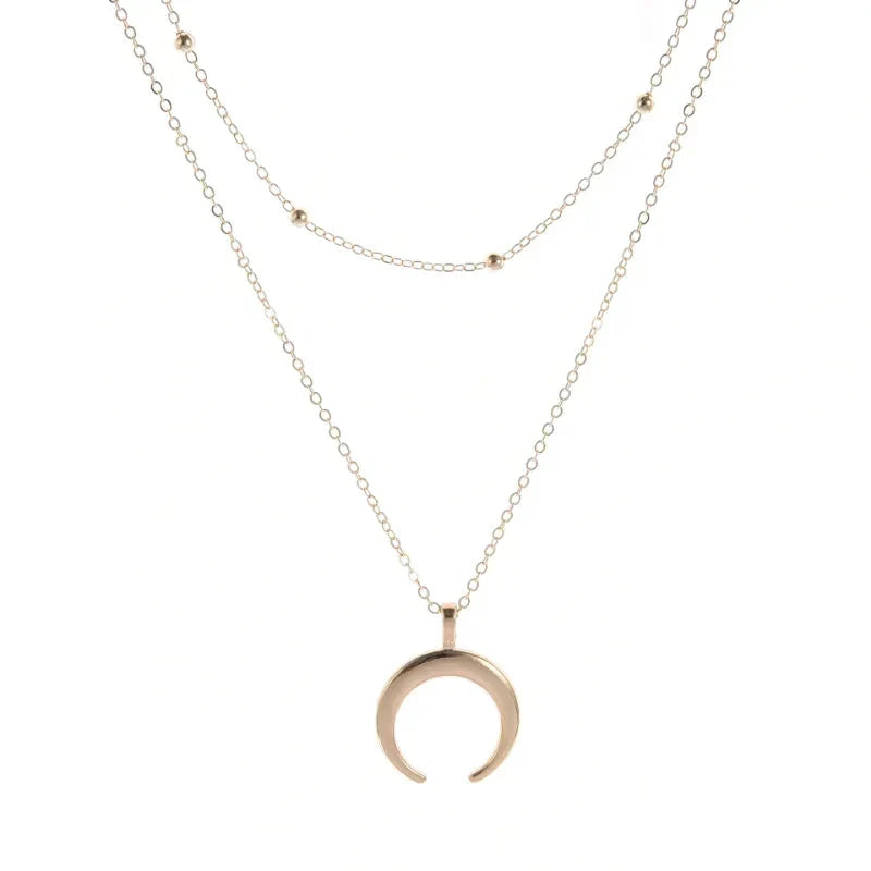 Fashion Gold Color Double Layer Moon Pendant Necklaces for Women Luxury Design Shiny Choker Necklace Jewelry Gift
