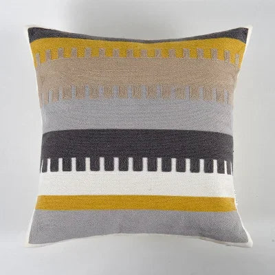 DecorBites™ Geometric Canvas Cotton Cushion Cover - Yellow Grey/White Embroidery Square Pillow Cover