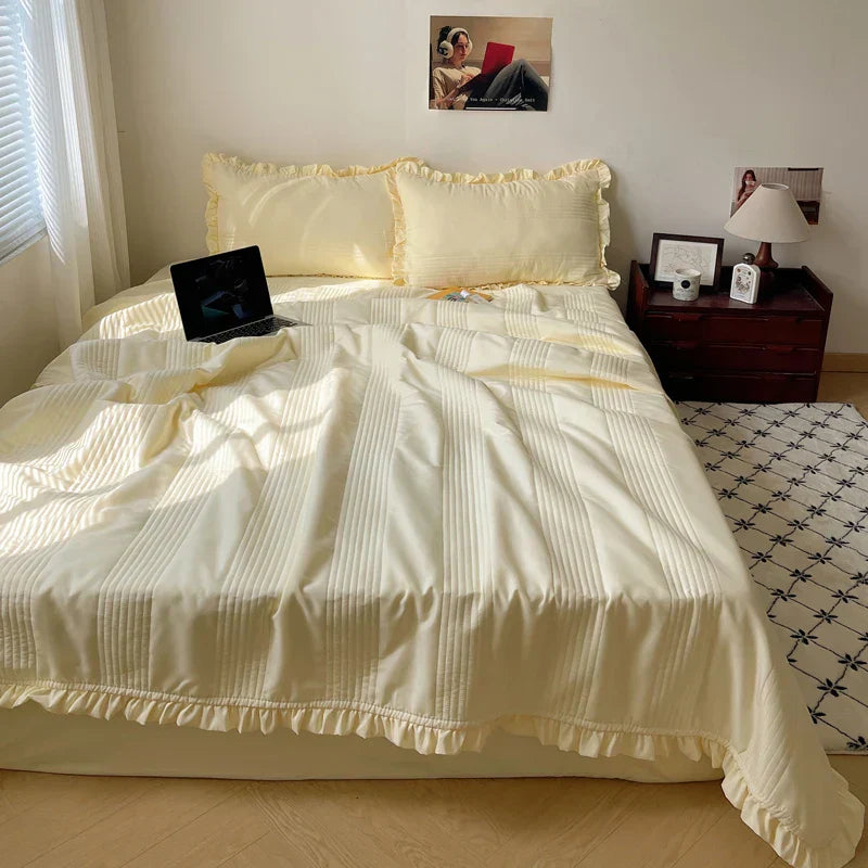 DecorBites™ Korean Princess Lace Ruffles Summer Quilt Bedspread - 3Pc Bedding Set