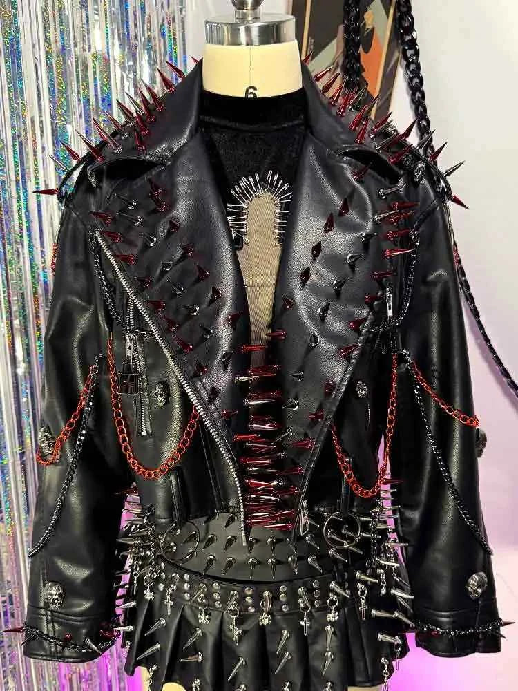 Women's PU Leather Skull Studded Jacket Vintage Hand Made Studded Rivet
