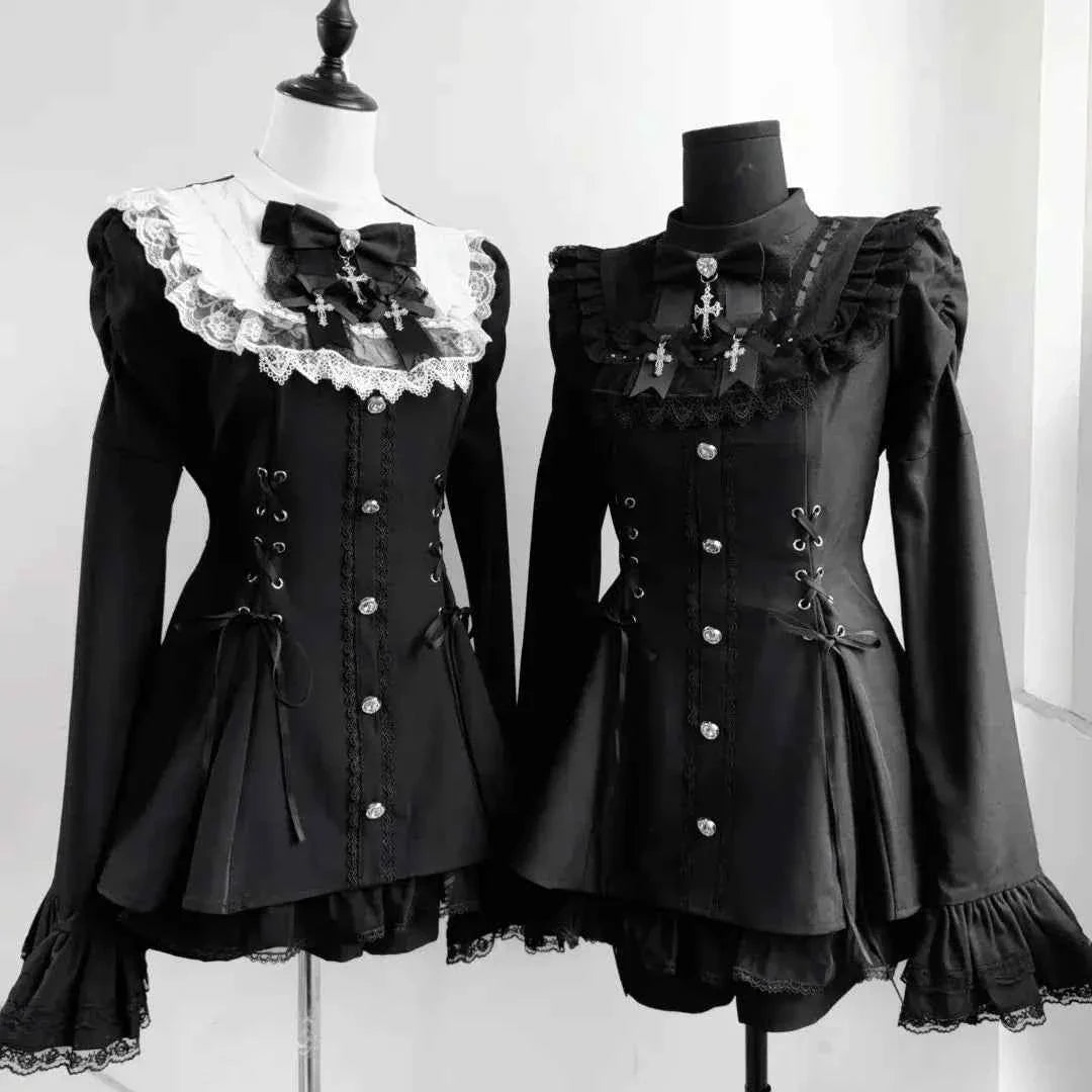 Y2k Aesthetic Lolita Style Bow Dress Set Women's Gothic Lace Flare Sleeve Button T-shirt Dress Punk Party Mini Dress