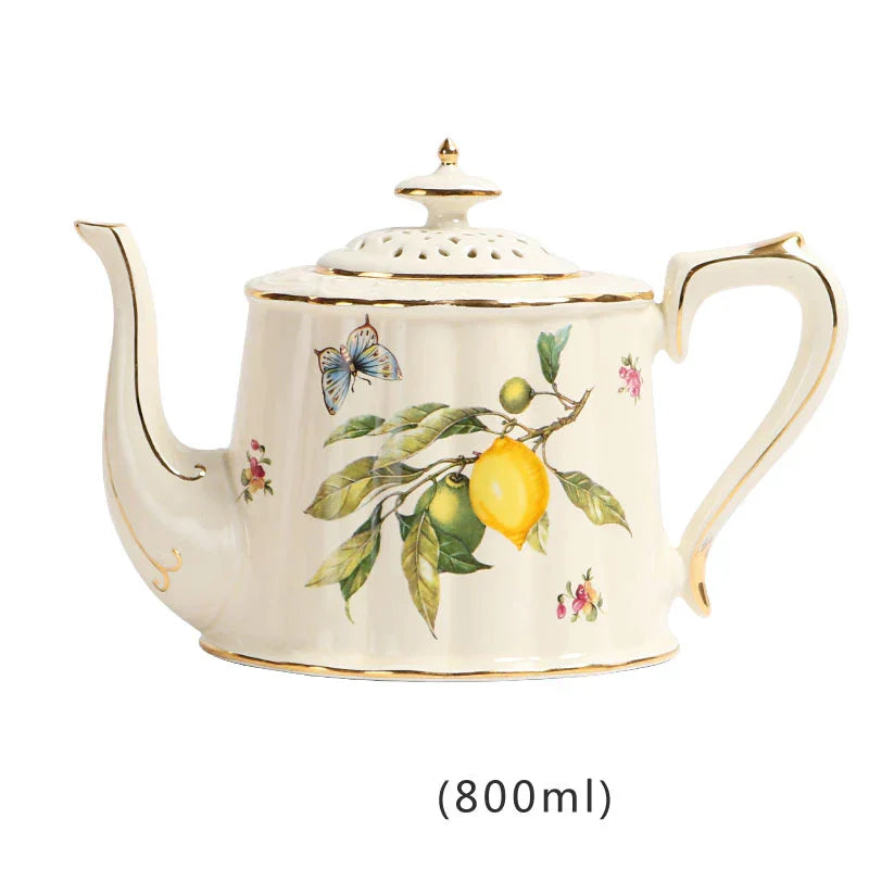 DecorBites™ Gold Edge Cup & Saucer Set: Lemon Teapot, Coffee Mug, Ceramic Plates & Drinkware