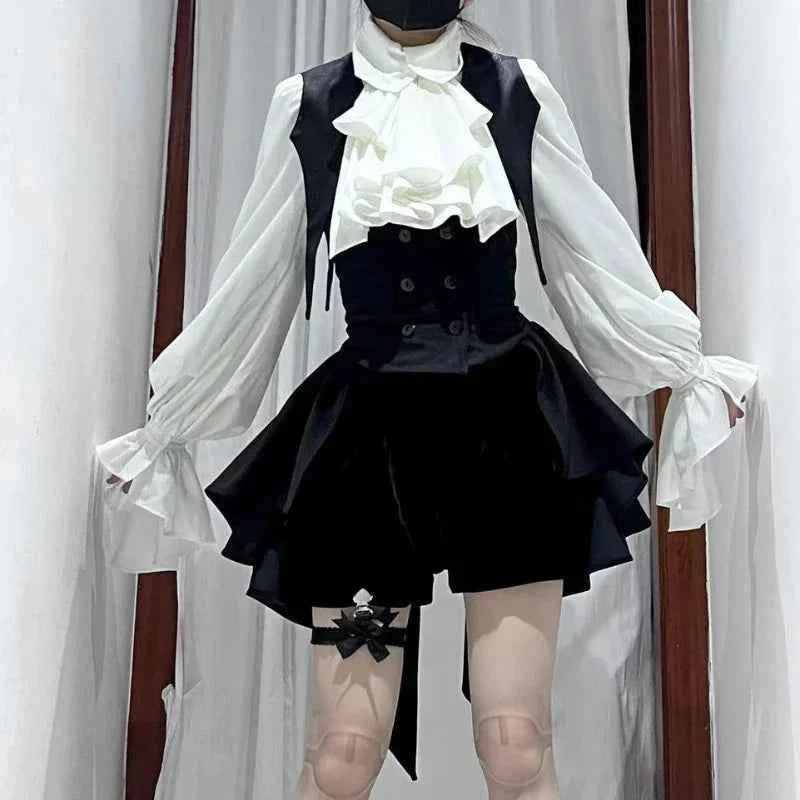 Y2k Aesthetic Lolita Style Bow Dress Set Women's Gothic Lace Flare Sleeve Button T-shirt Dress Punk Party Mini Dress