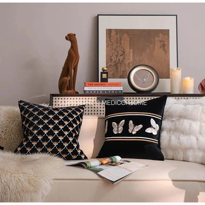 DecorBites™ French Night Velvet Throw Pillow Case with Embroidered Butterflies