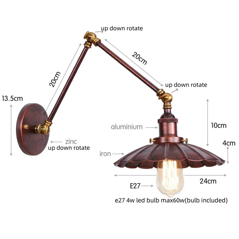 DecorBites™ Gold Industrial LED Wall Lamp with Pull Chain Switch for Home Decor