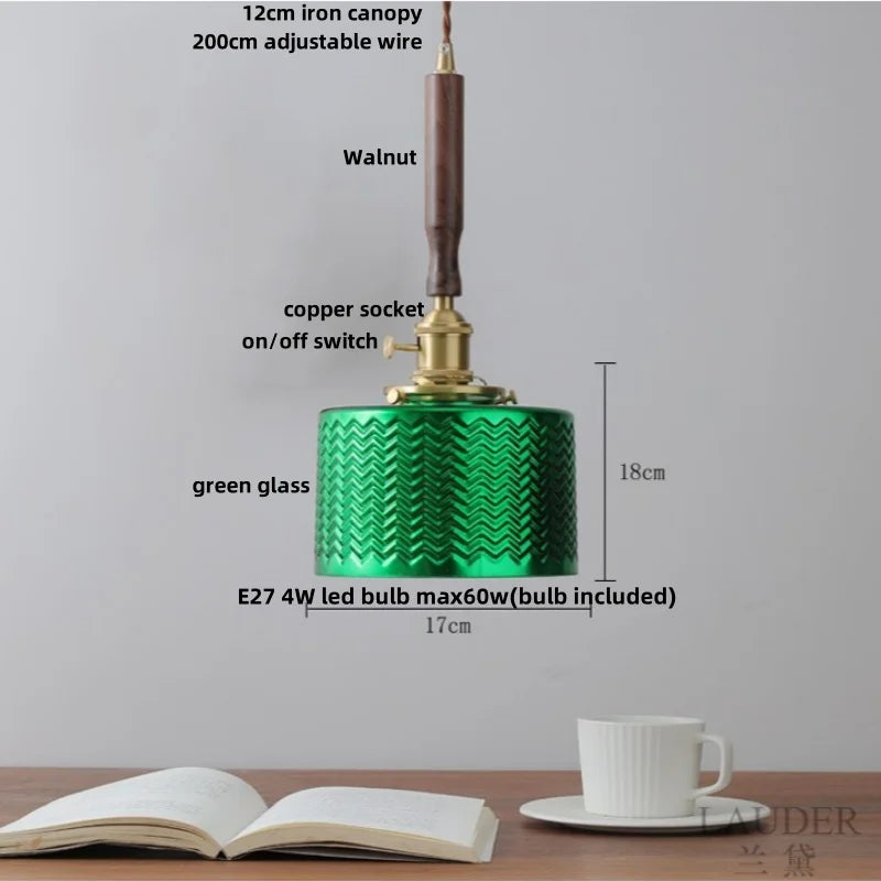 DecorBites™ Glass LED Pendant Lamp Walnut Wood Copper Switch Nordic Hanging Light