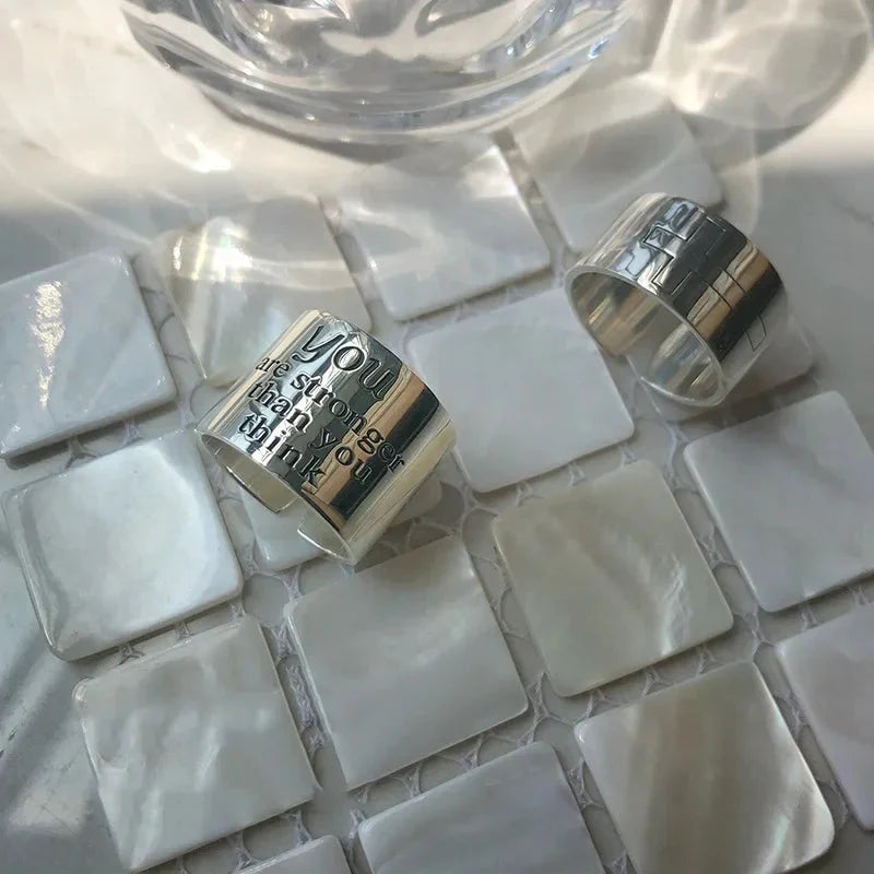 Real 925 Sterling Silver Personality Wide Letters Adjustable Retro Ring Fine Jewelry For Women Party Elegant Accessories