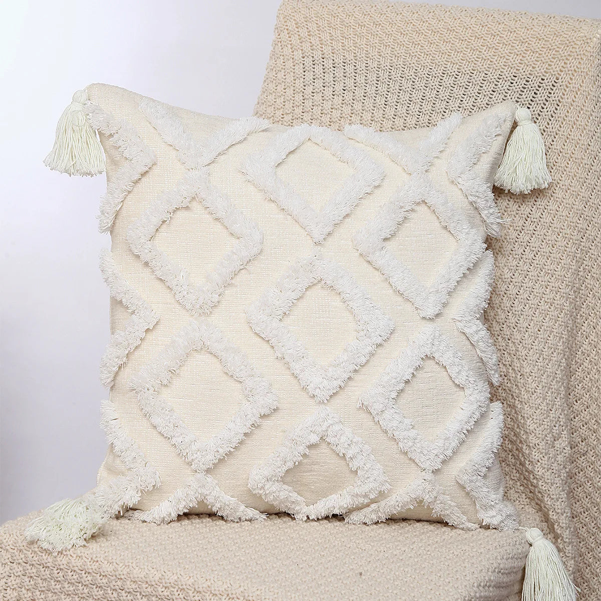 DecorBites™ Geometric Chenille Embroidered Pillow Covers Boho Moroccan Style Decor