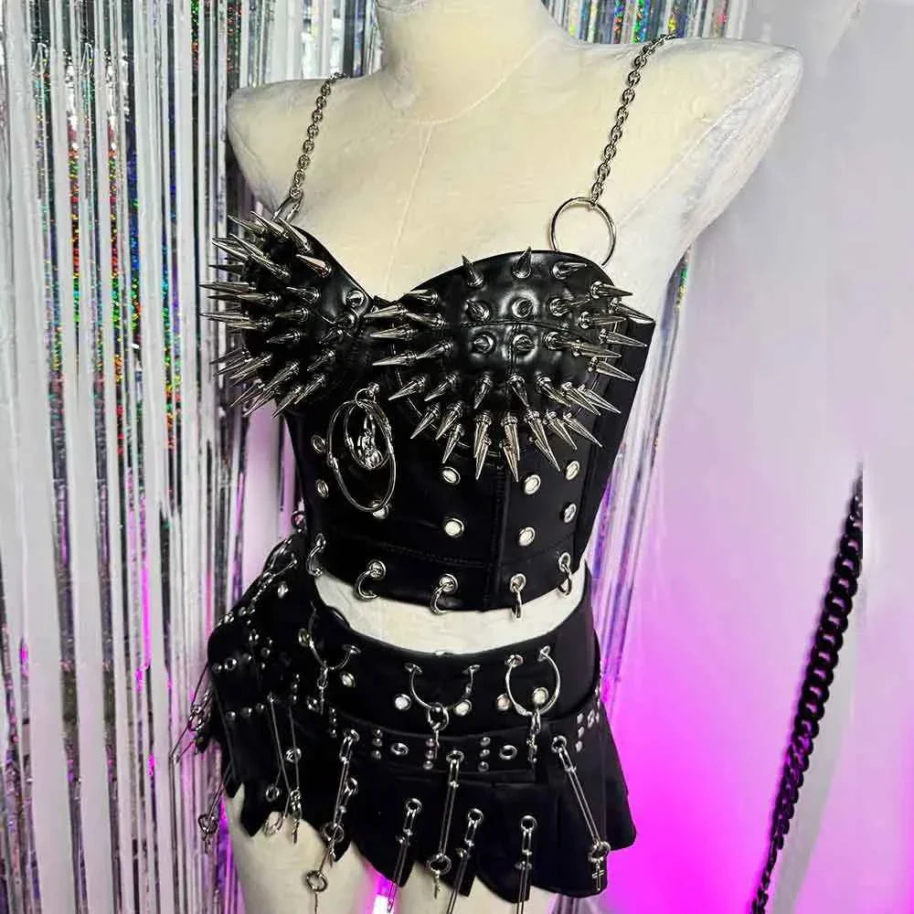 Goth Top with Spikes Grunge PU Leather Tank T-shirt