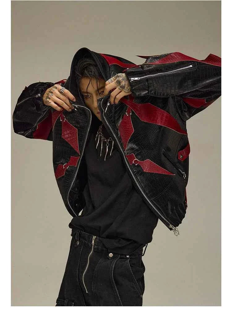 High Quality Crocodile Patchwork Pu Leather Coat Luxury Streetwear Men's Gothic Urban