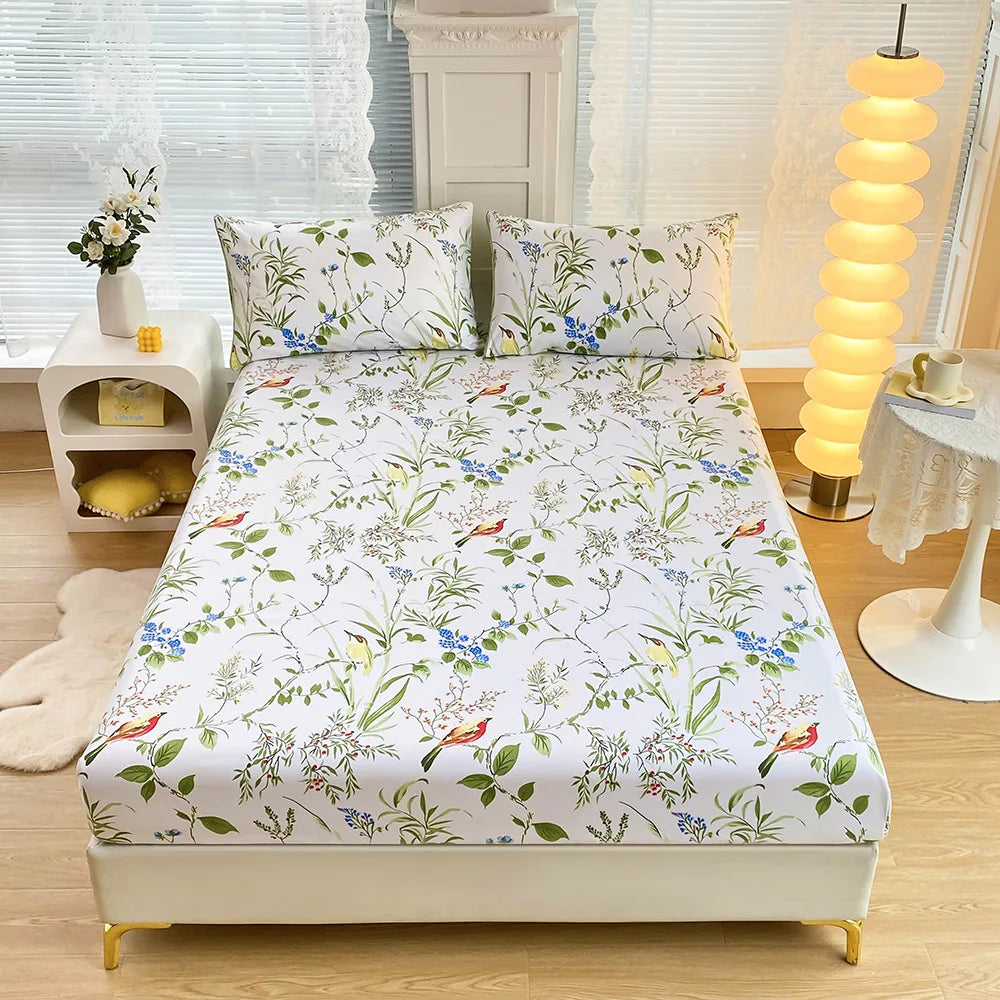 DecorBites™ Golden Feather Sheet Set: Fitted Sheet & 2 Pillowcases, All Season Bedspread