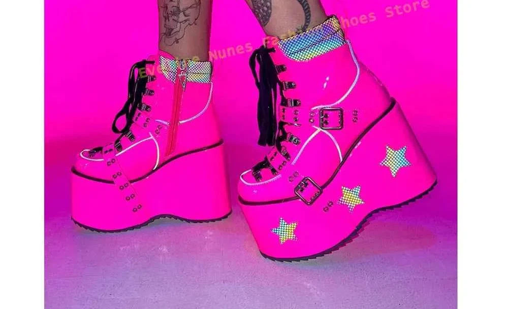 Green Spaced Out Platform Boots Round Patchwork Women Cyberpunk