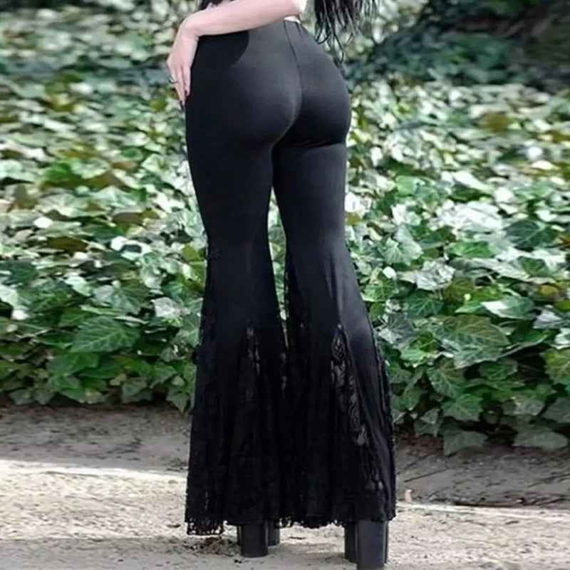 Goth Mall Flare Jeans Sexy Black Lace Patchwork High Waist Vintage Punk Grunge Streetwear