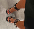 Punk Style Spiked Stilettos Square Open Toe Thin High Heels