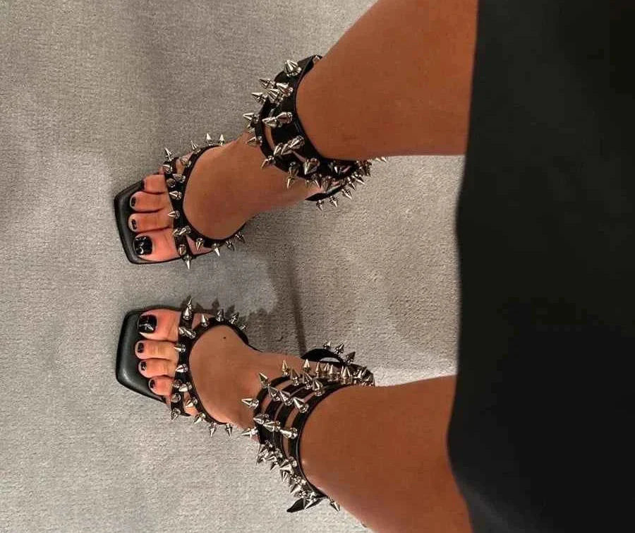 Punk Style Spiked Stilettos Square Open Toe Thin High Heels