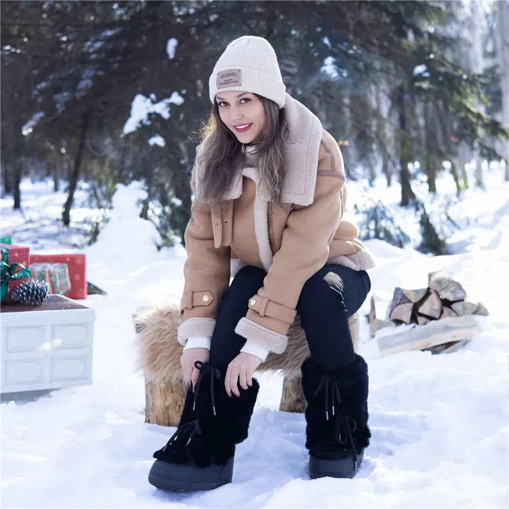 Faux Fox Fur Snow Boots Furry Warm Cotton Boots Female Outdoor Ski Boots
