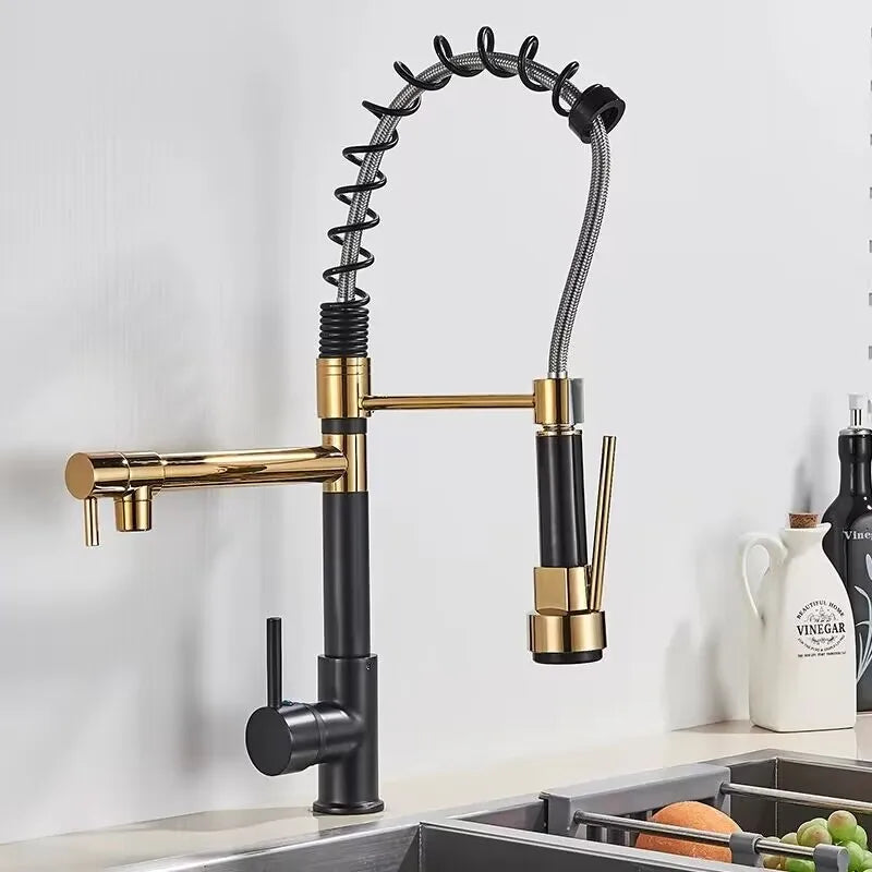 DecorBites™ Black Brass Kitchen Faucet with Dual Spout, 360 Rotation, Deck Mounted
