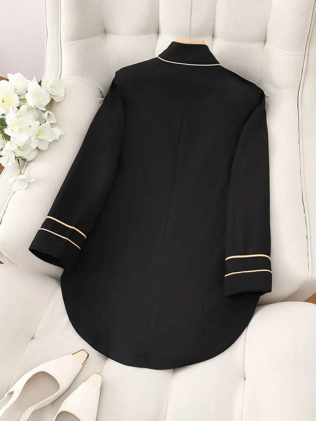 Elegant Black Double-Breasted Jacket with Golden Buttons Polyester Blend Formal Attire