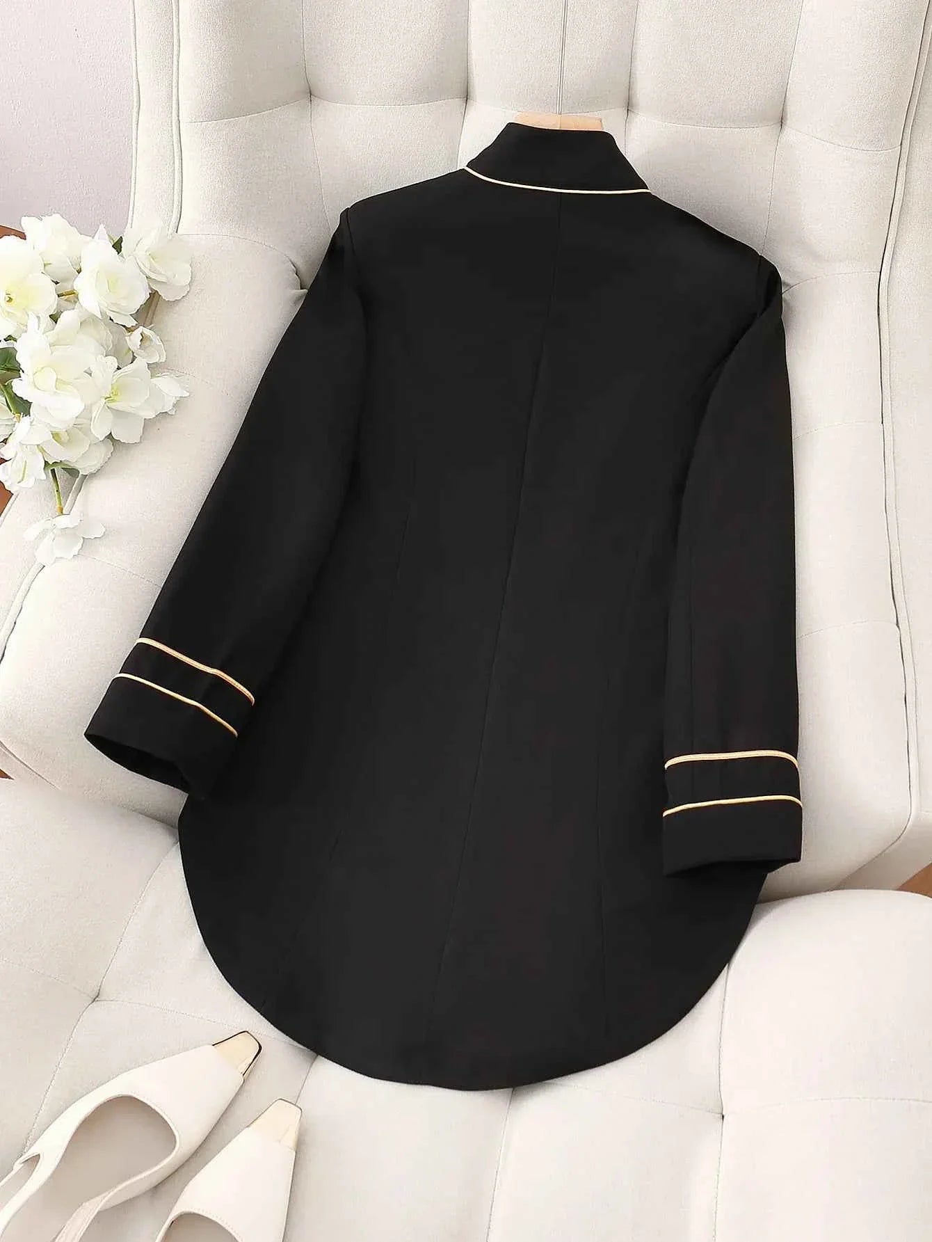 Elegant Black Double-Breasted Jacket with Golden Buttons Polyester Blend Formal Attire