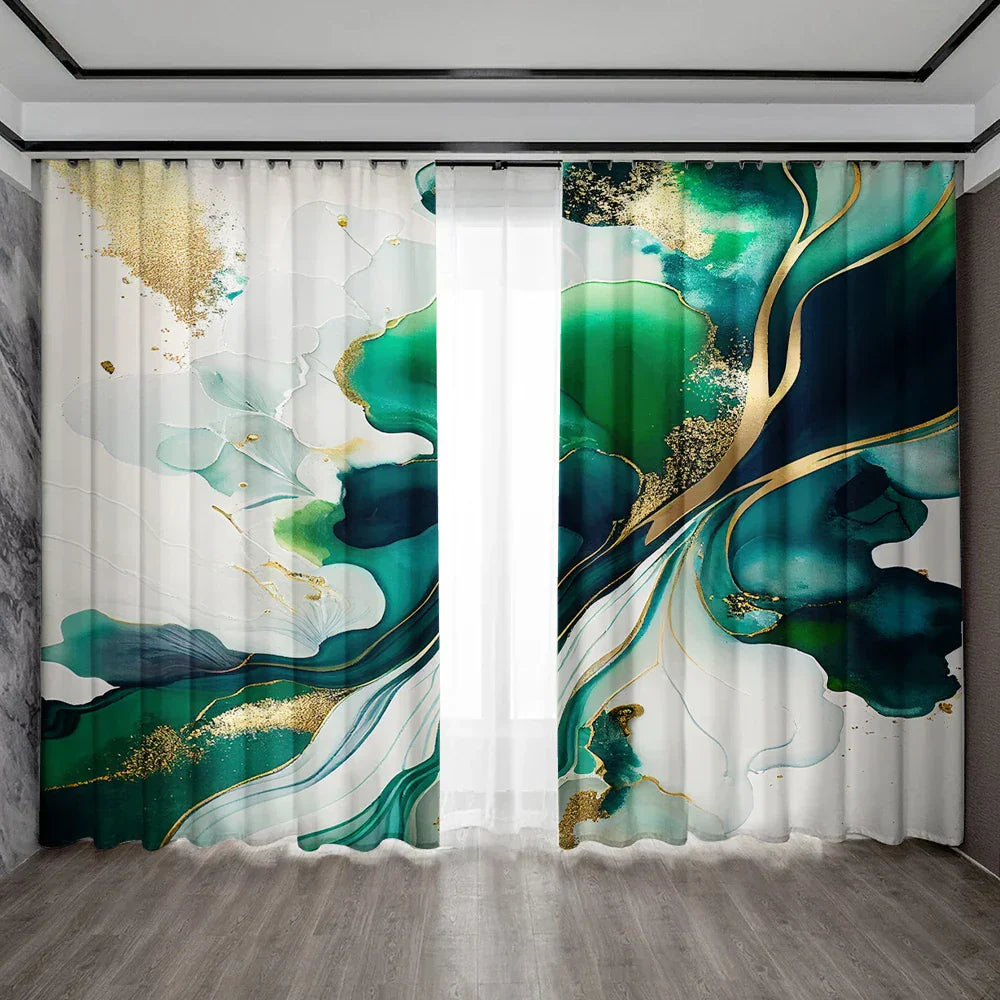 DecorBites™ Green Marble Rod Pocket Curtains for Home Decoration