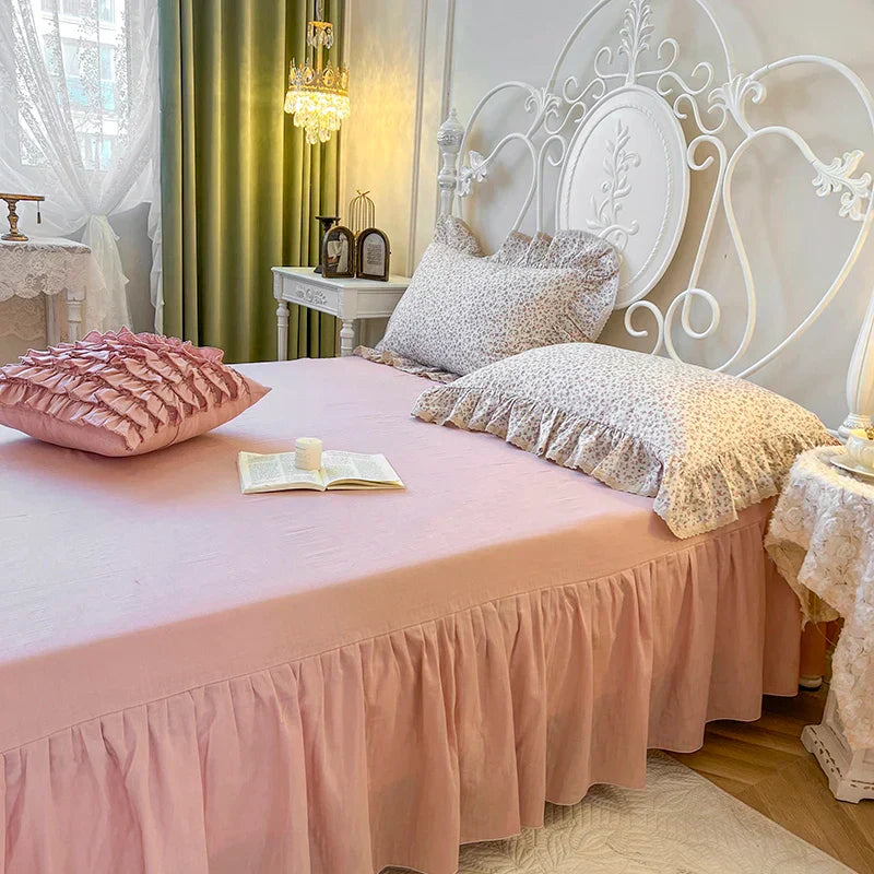 DecorBites™ Double Layer Lace Ruffles Floral Bedding Set with Duvet Cover, Bed Skirt, Pillows