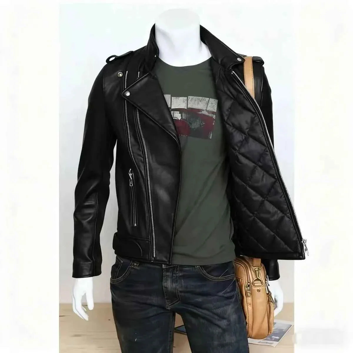 Unisex Oversized Button-down PU Leather Coat with Multiple Zippers Polo Jacket, with Many Zippers