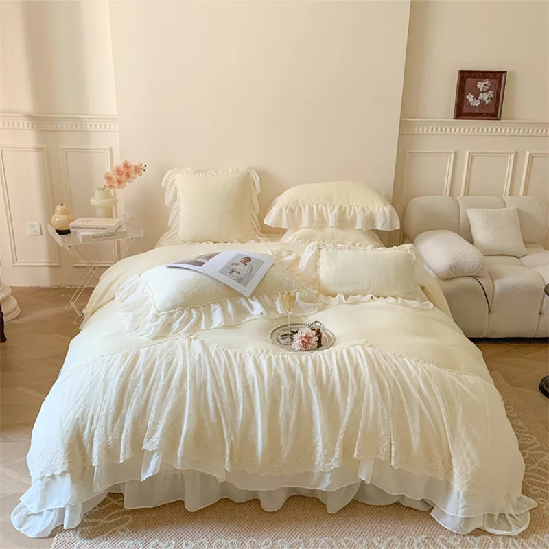 DecorBites™ French Princess Velvet Bedding Set, Queen Size with Lace Ruffles
