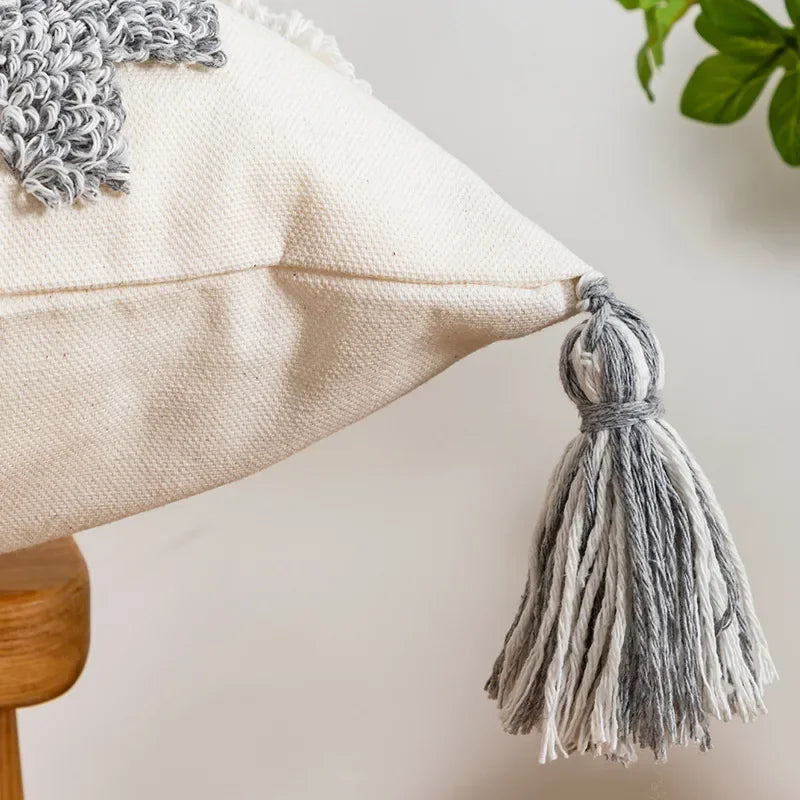 DecorBites™ Geometric Tufted Tassel Cushion Cover White Grey Bohemian Decor Pillow Cover