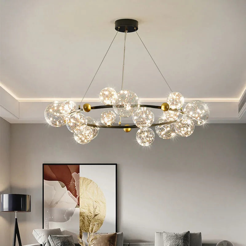 DecorBites™ Golden Ring Glass Ball Chandelier with Remote Control for Living Dining Room