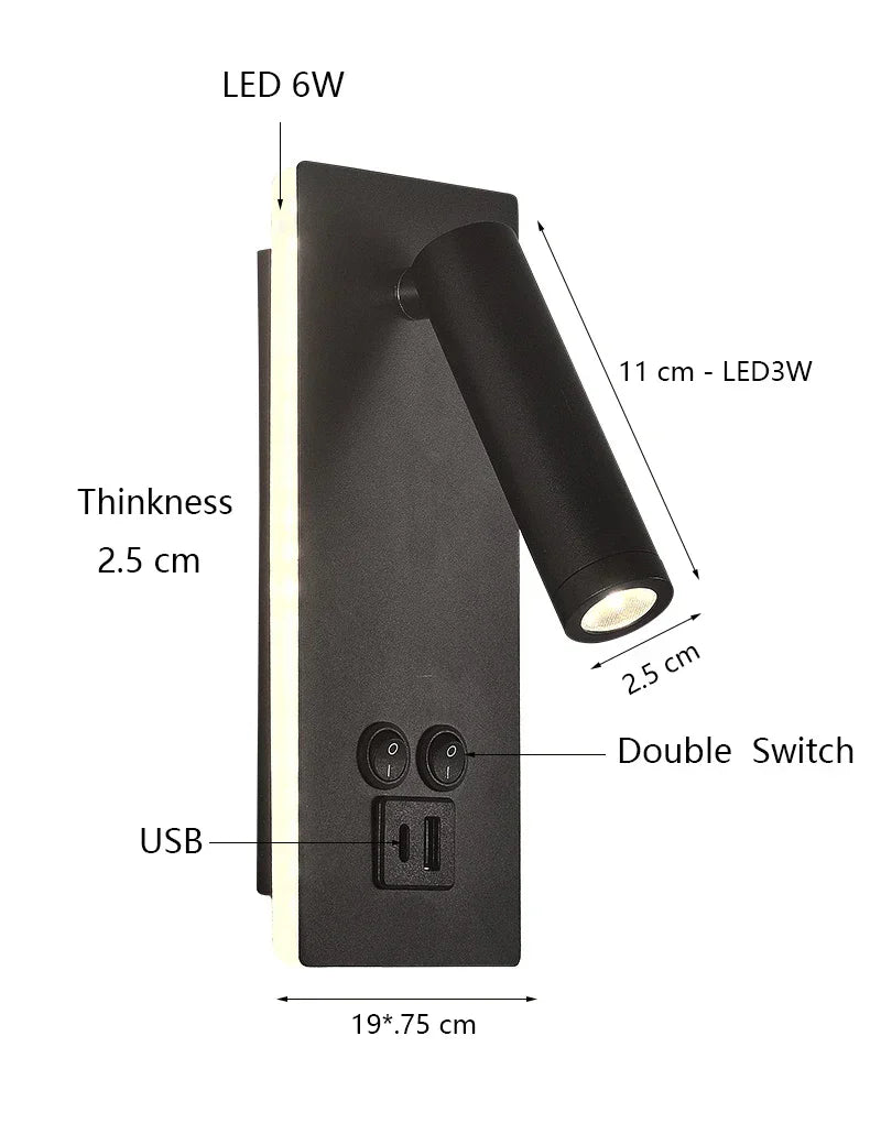 DecorBites™ Black Brass LED Wall Lamp with USB Port & Switch - 3W Spotlight for Bedroom