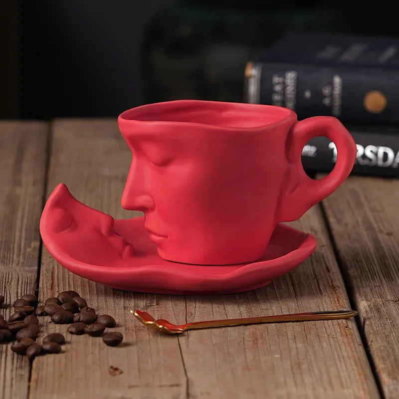 DecorBites™ Frosted Ceramic Face Mug Set: Cup, Saucer, Spoon for Coffee, Tea, Milk