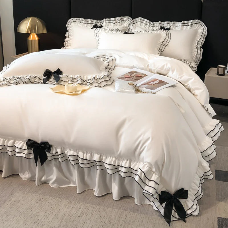 DecorBites™ Korean Lace Ruffles Bedding Set with Black Bow Accent