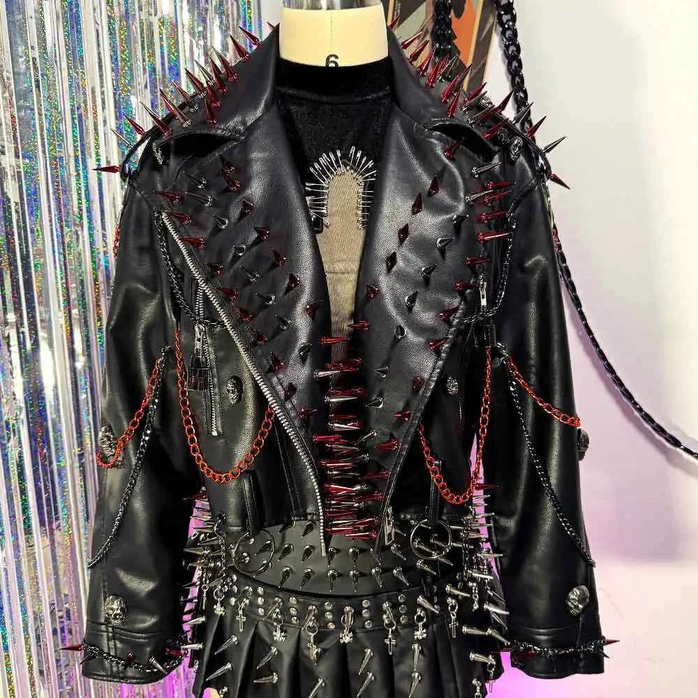 Women's PU Leather Skull Studded Jacket Vintage Hand Made Studded Rivet