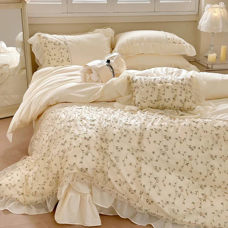 DecorBites™ French Princess Floral Lace Ruffles Bedding Set with Imitation Pearls