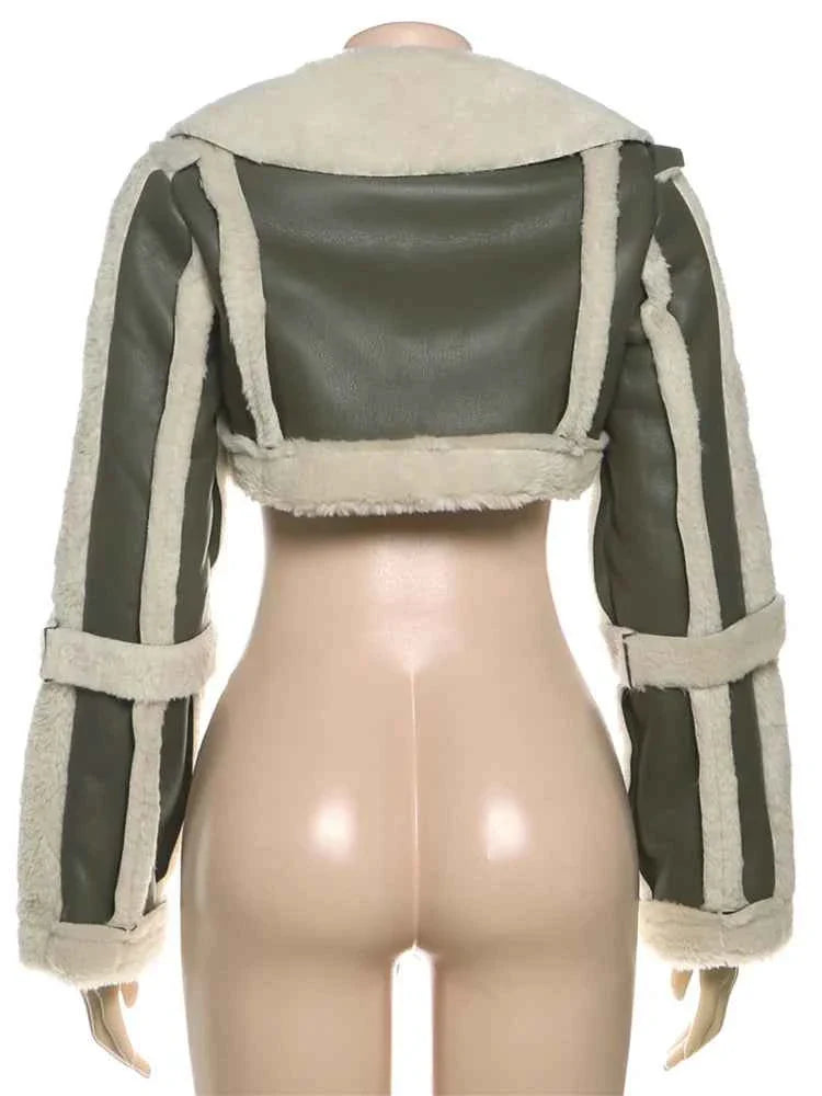 Furry Patchwork Women's Crop Jacket Warm Outwear Basic