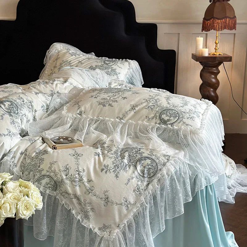 DecorBites™ French Lace Ruffles Princess Bedding Set with Milk Velvet Quilt Cover & Pillowcases