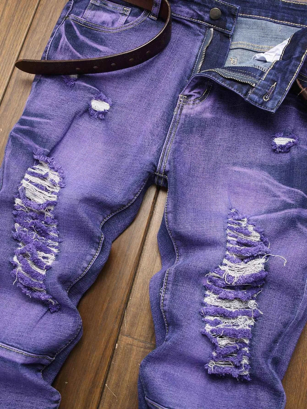 Stretch Slim Fit - Men's Mid Waist Distressed And Ripped Denim Pants All Season Street Wear