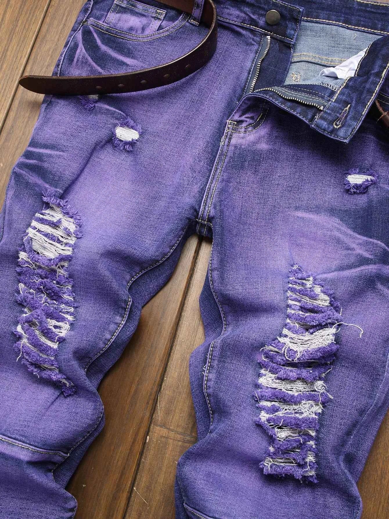 Stretch Slim Fit - Men's Mid Waist Distressed And Ripped Denim Pants All Season Street Wear