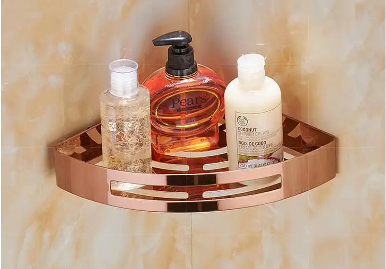 DecorBites™ Gold Stainless Steel Bathroom Corner Shelf – Rose Gold Shower Caddy