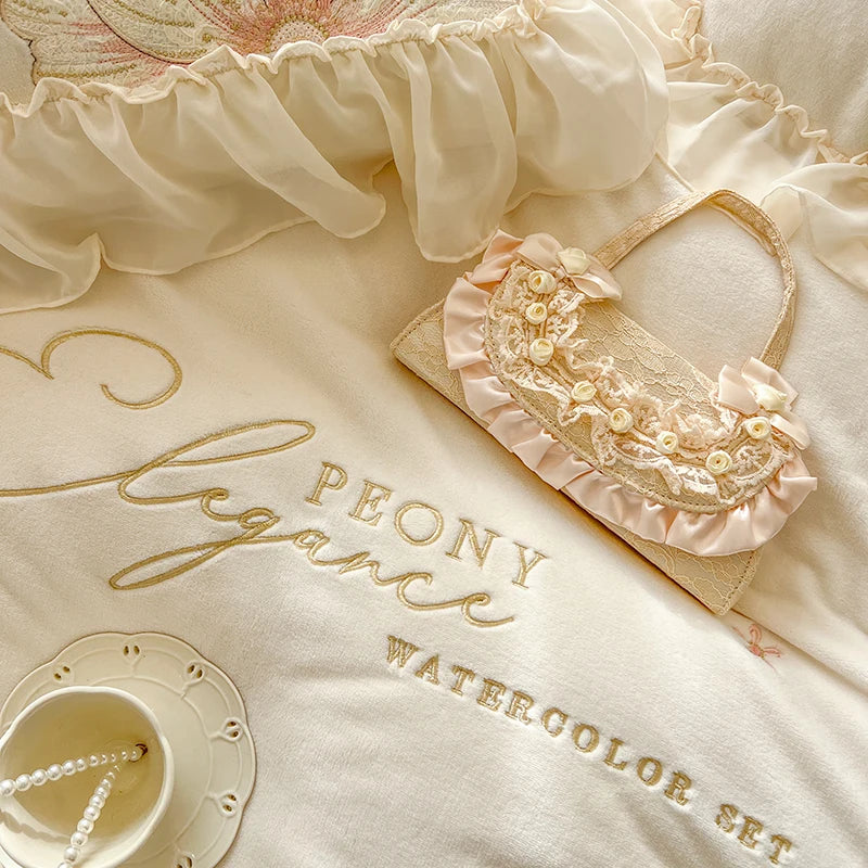 DecorBites™ French Princess Wedding Bedding Set, Lace Ruffles, Flowers Embroidery.