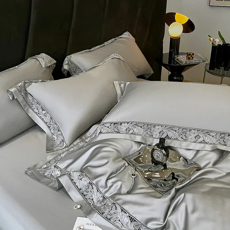 DecorBites™ Luxe 1500TC Egyptian Cotton Lace Wide Edge Bedding Set: Duvet Cover, Sheet, Pillowcases