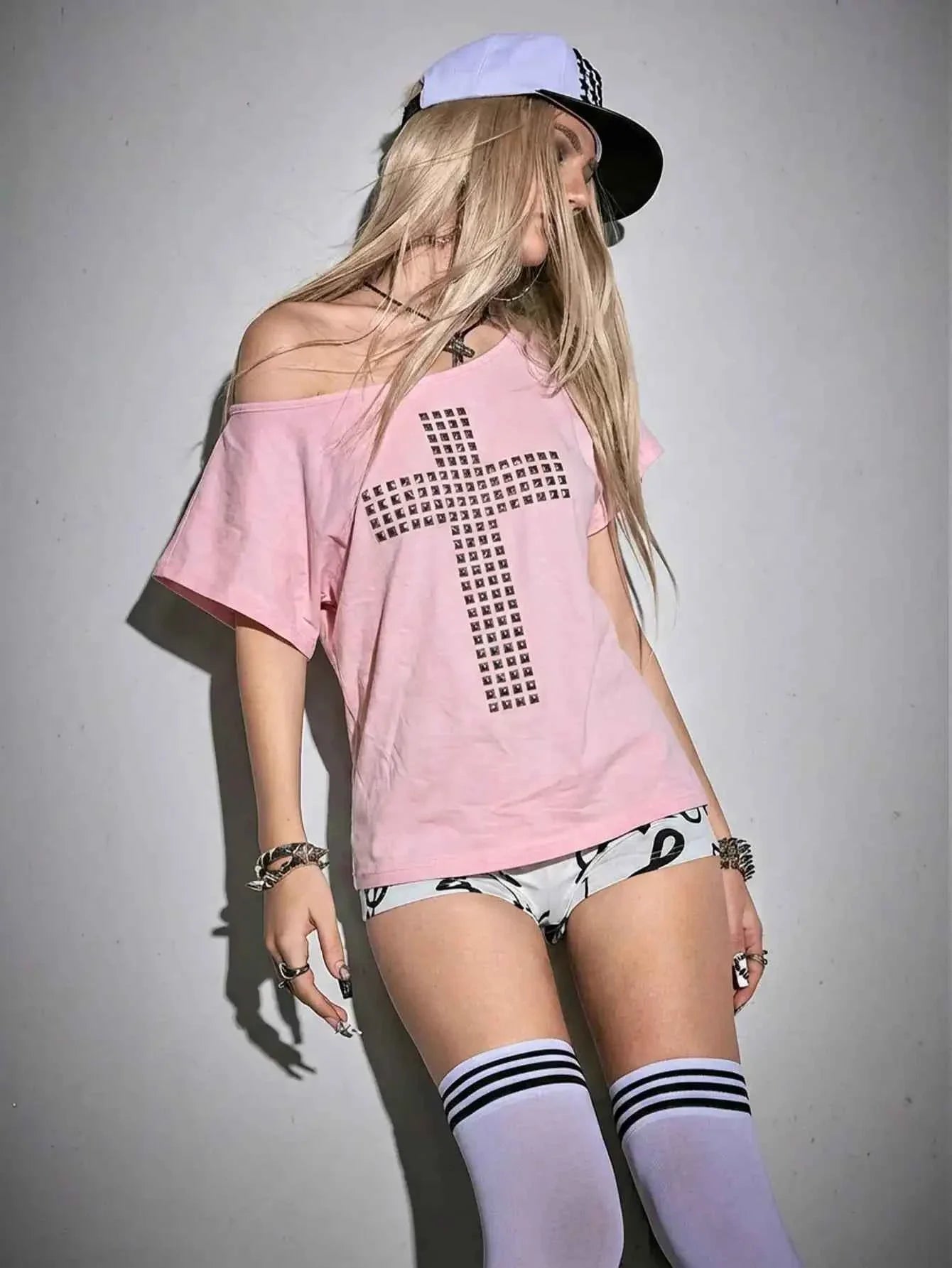 Punk Y2K Studded Cross T-Shirt with Cutout Back