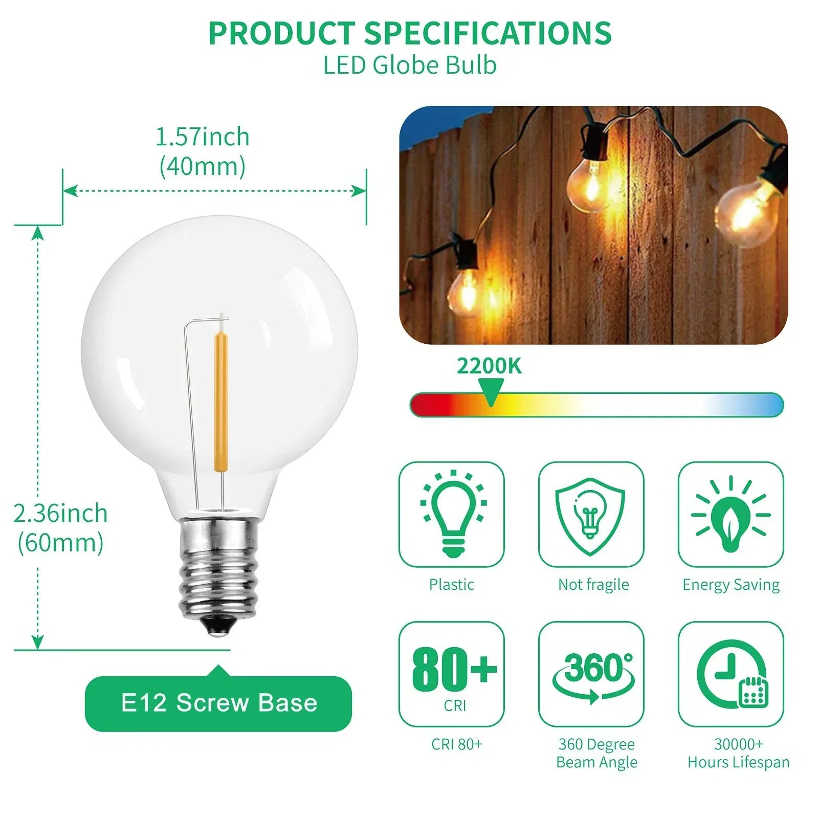 DecorBites™ G40 1W PET LED Bulbs - E12 Screw Base Shatterproof Globe Bulbs - Outdoor String Lights