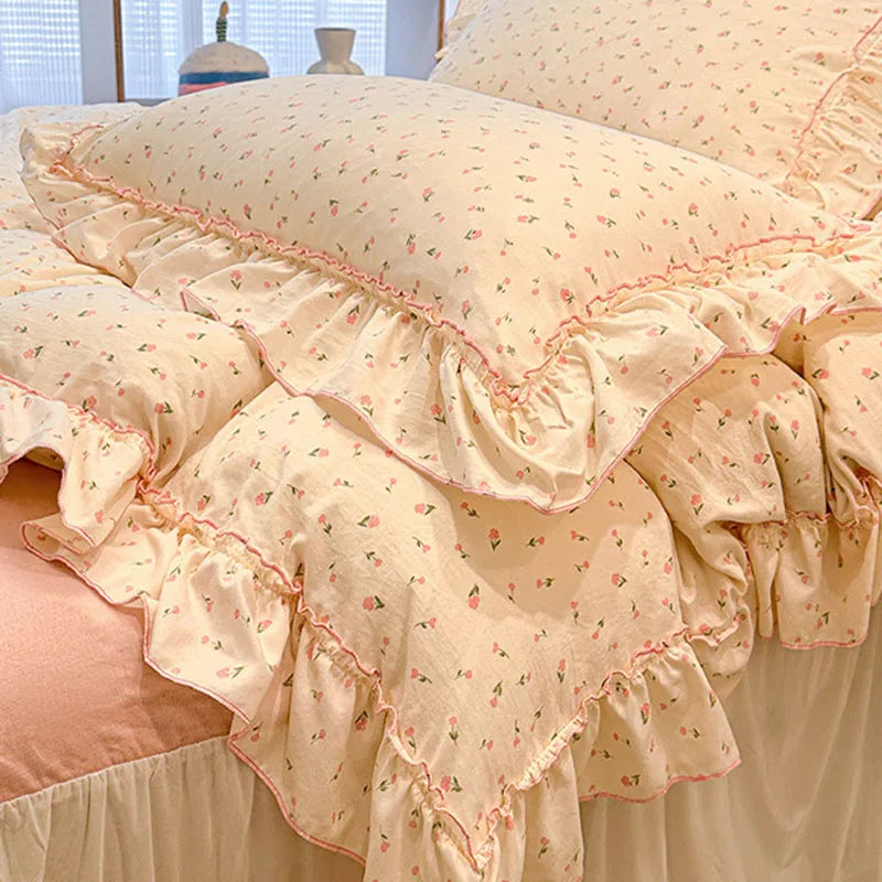 DecorBites™ Korean Princess Floral Print Bedding Set in Washed Cotton for Girls