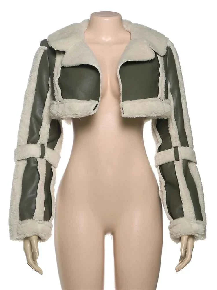 Furry Patchwork Women's Crop Jacket Warm Outwear Basic