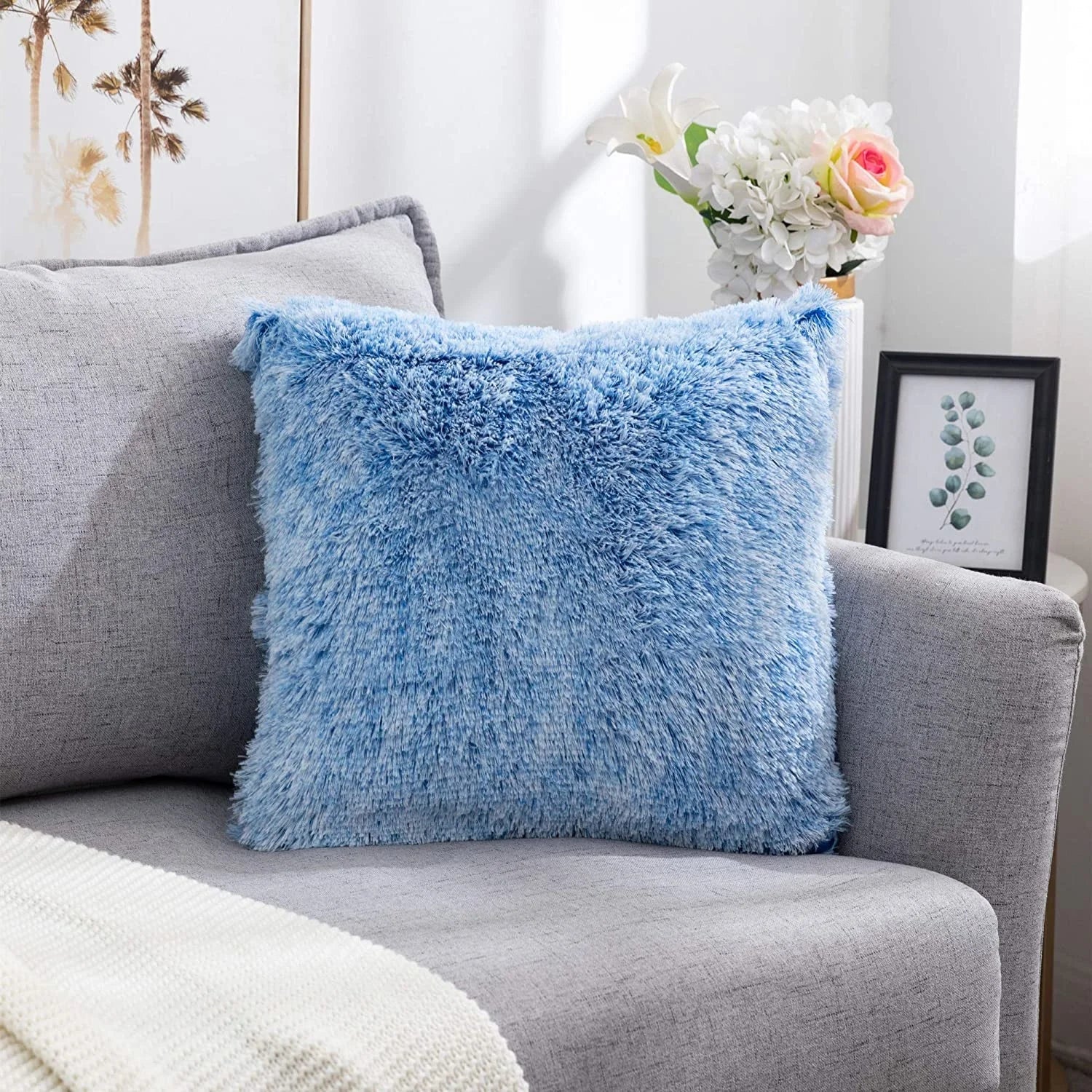 DecorBites™ Cozy Plush Fur Cushion Cover 43x43cm White Grey Sofa Decor Pillowcase