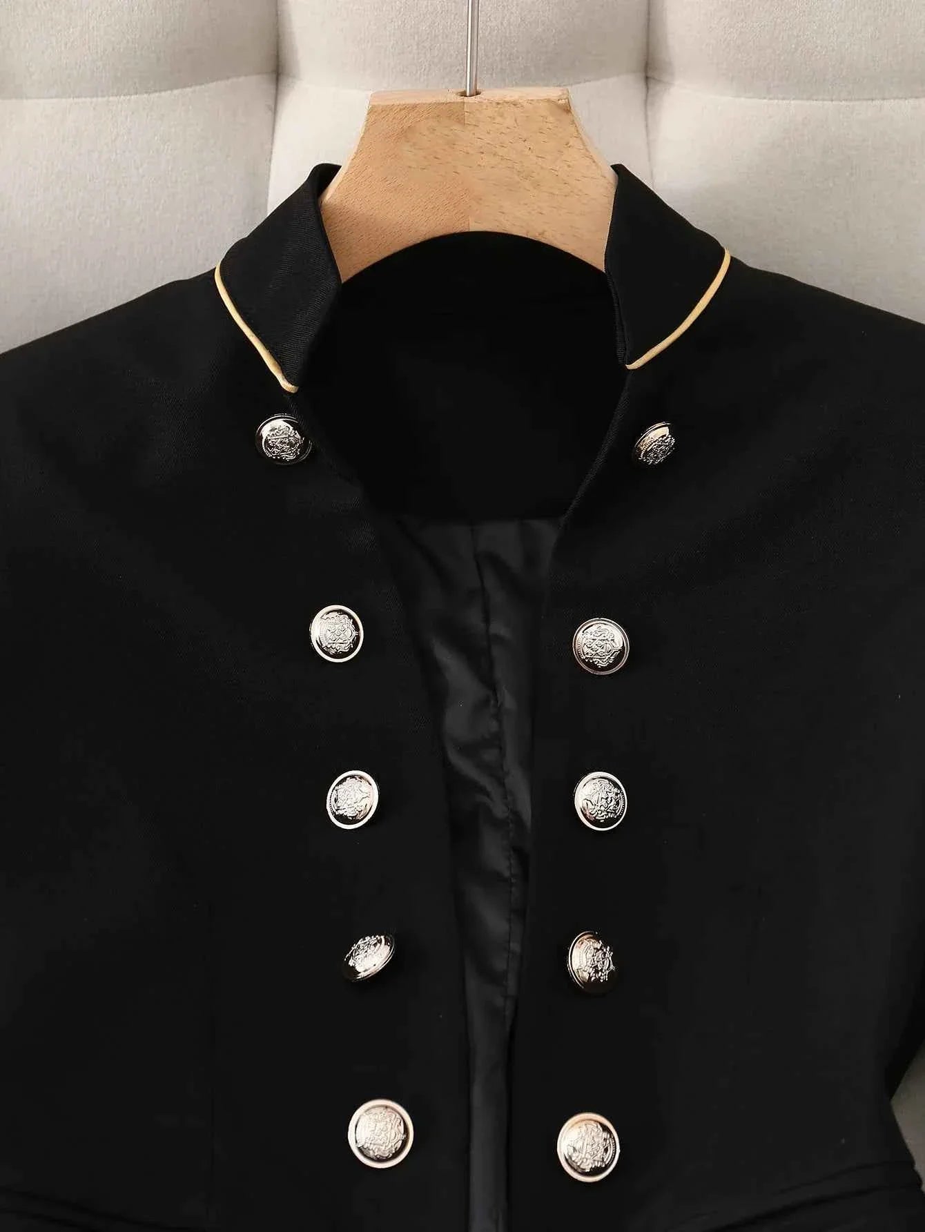 Elegant Black Double-Breasted Jacket with Golden Buttons Polyester Blend Formal Attire