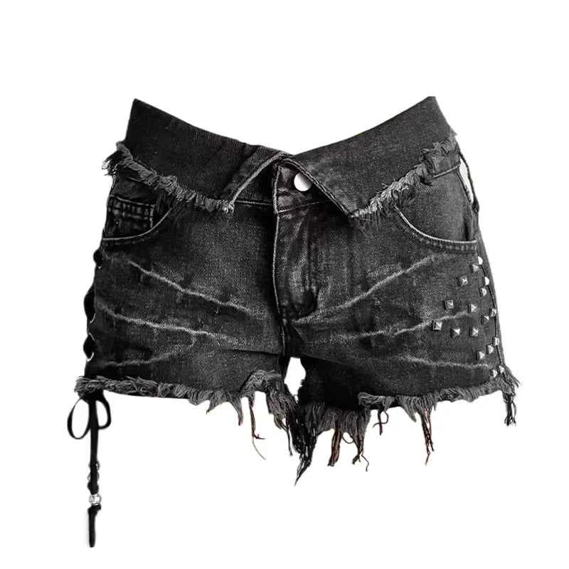 Women's Black Gothic Rivet Cargo Denim Bottoms High Street Aesthetic