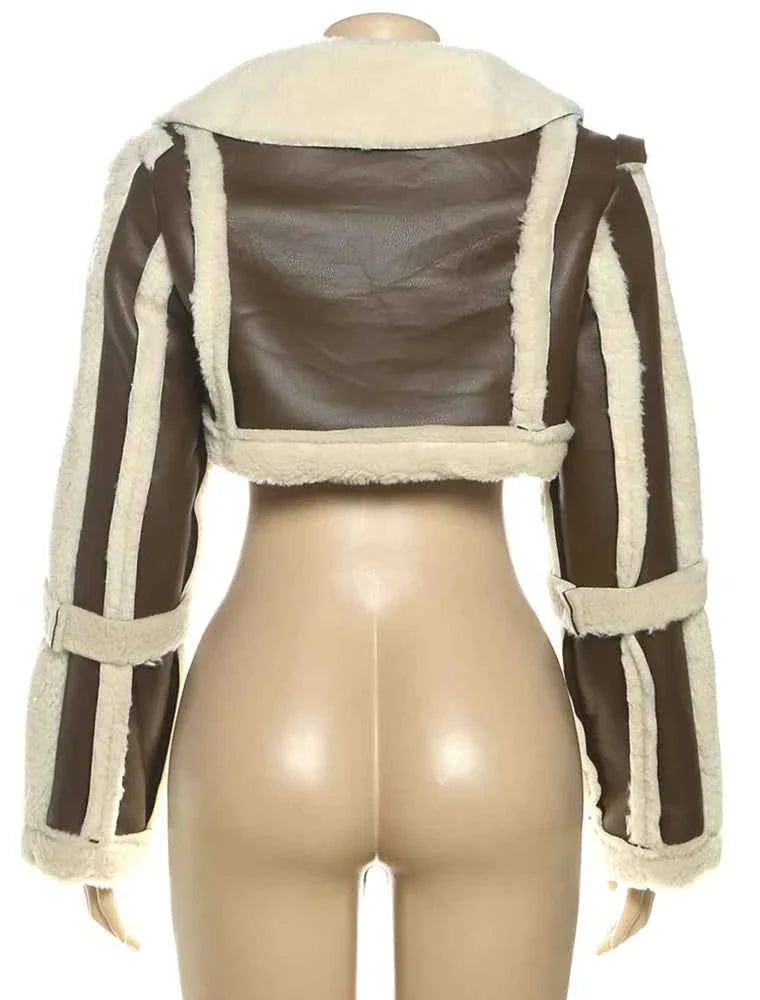 Furry Patchwork Women's Crop Jacket Warm Outwear Basic