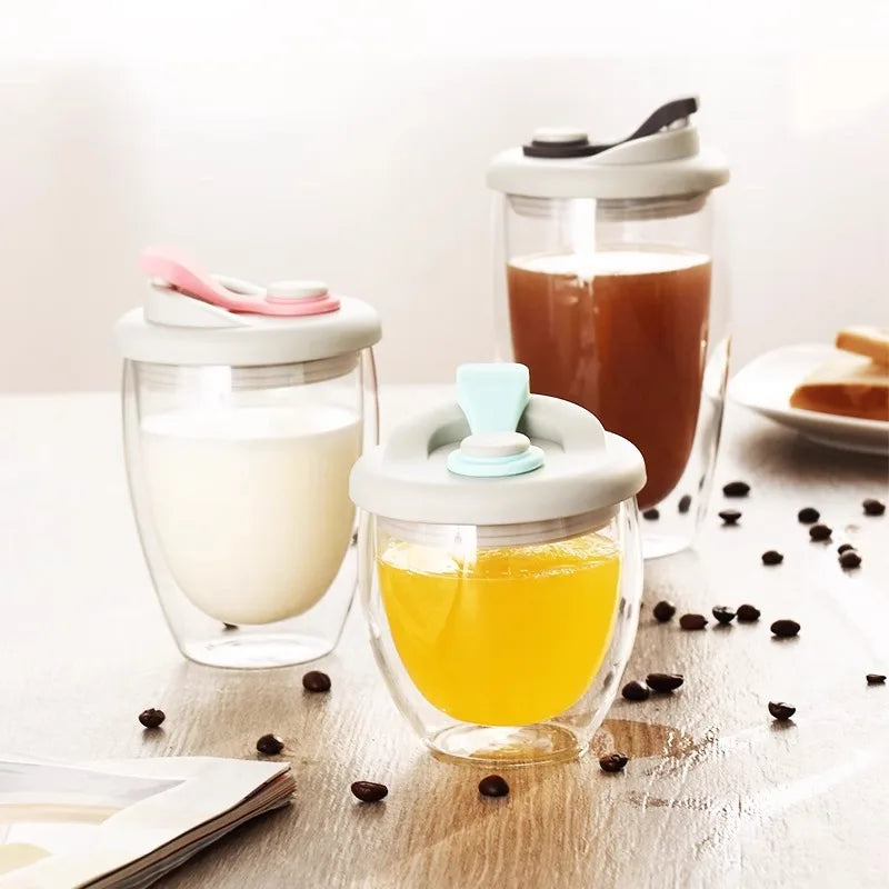 DecorBites™ Double Deck Insulated Glass Coffee Mug With Lid Heat Resistant Water Cup
